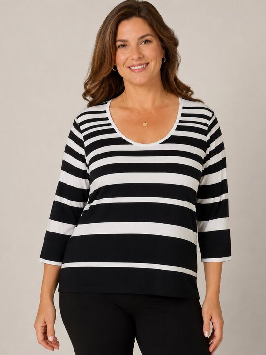 Chico's Tops - Chico’s Size 2 Black White Striped Scoop Neck 3/4 Sleeve Knit Top Large